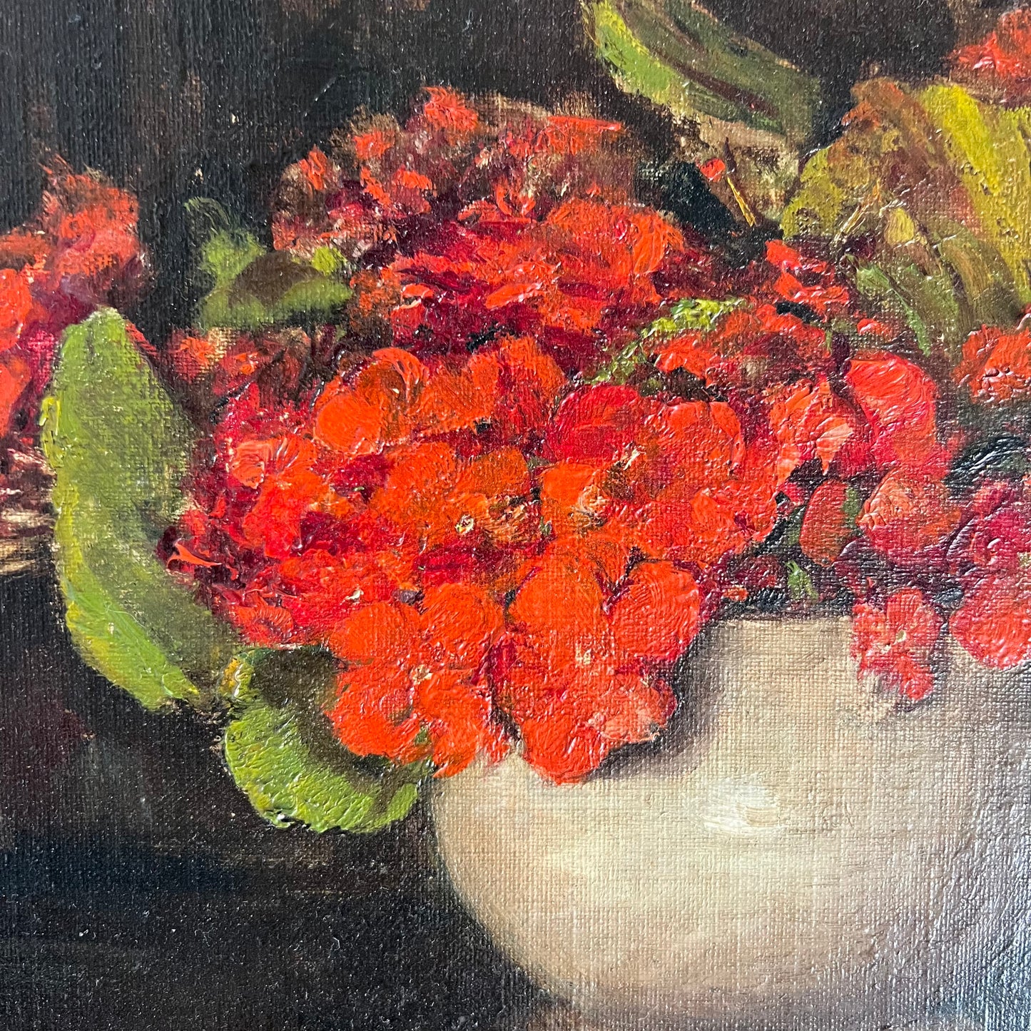 Vintage Oil Painting Still Life Red Geraniums Pelargoniums in Pot 1930s