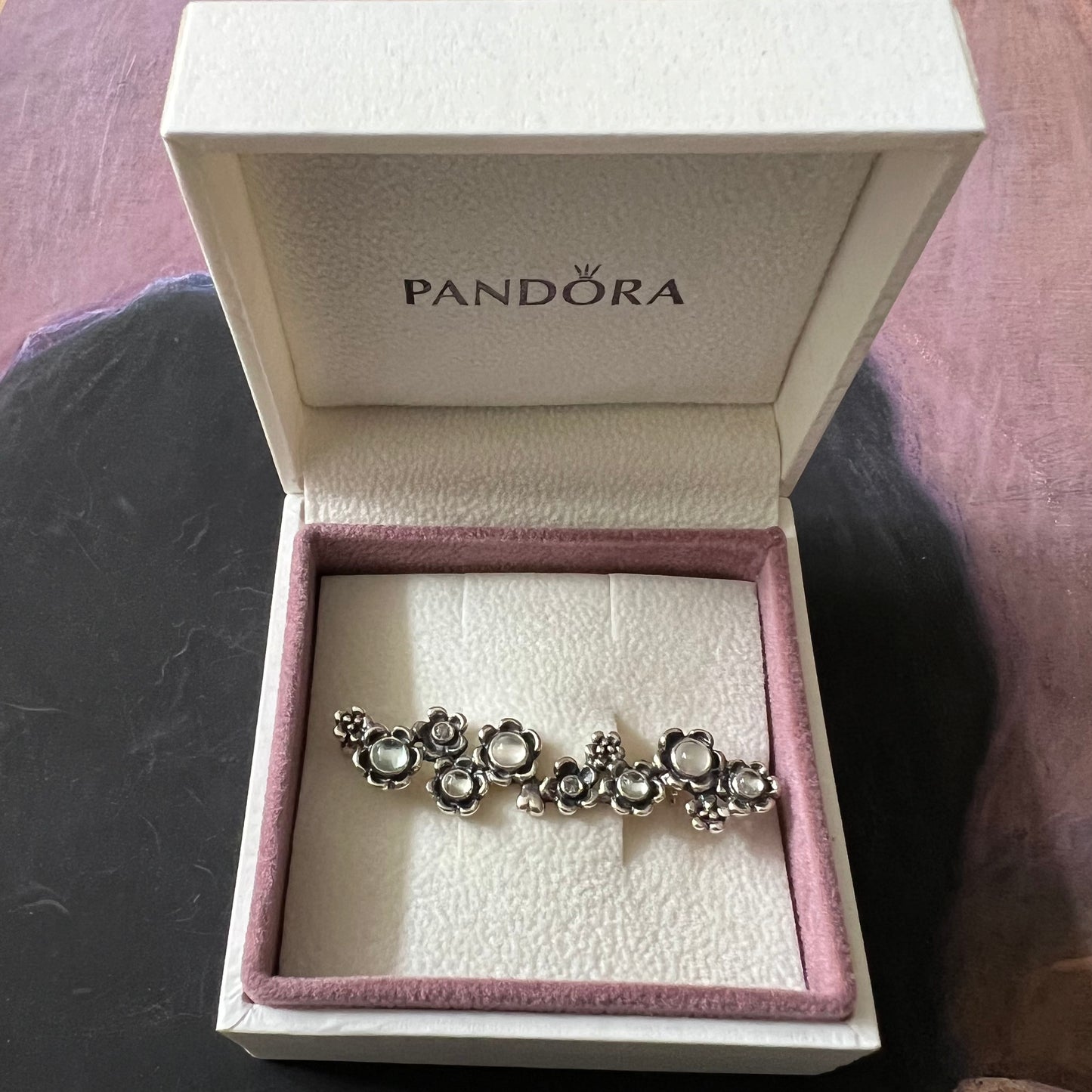 RARE Genuine Pandora Moonstone and Zirconia Flower Brooch in Box