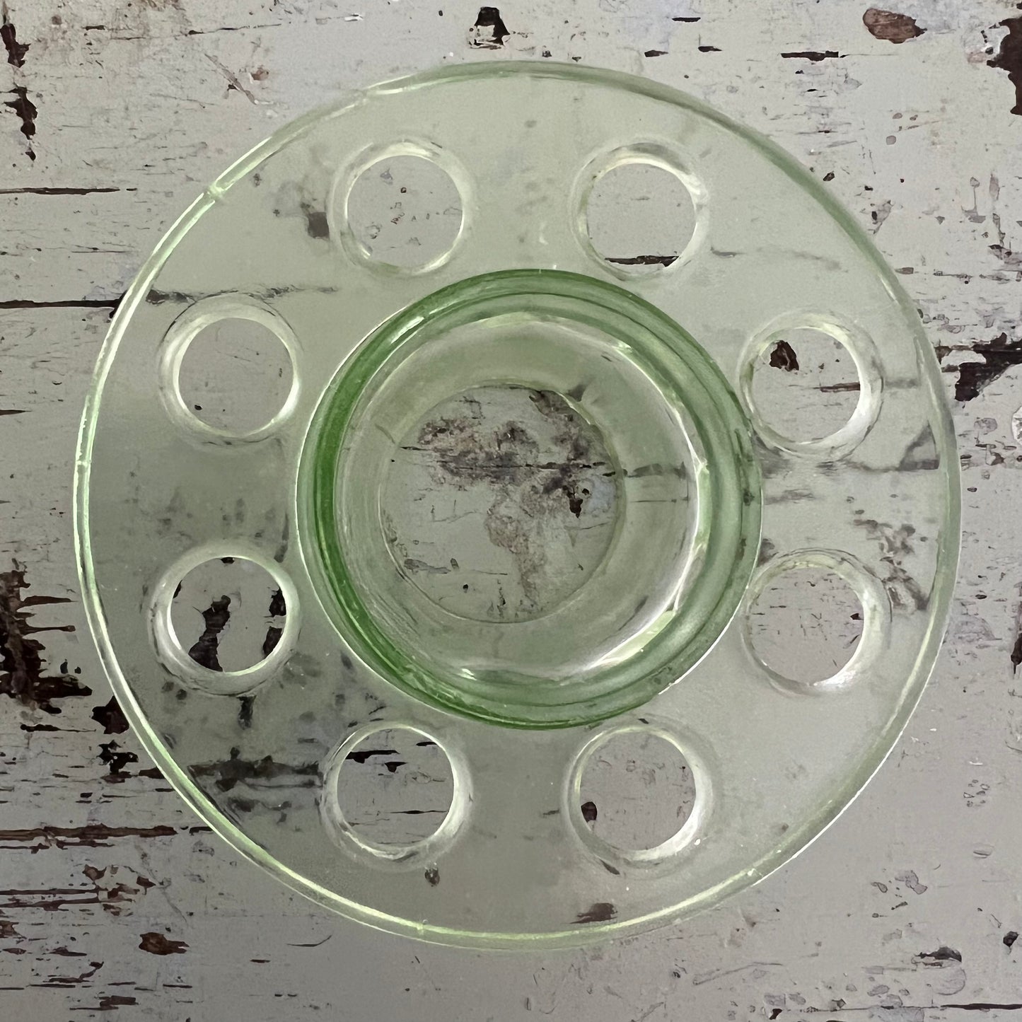 Vintage Green Depression Glass Bowl Vase & Flower Frog