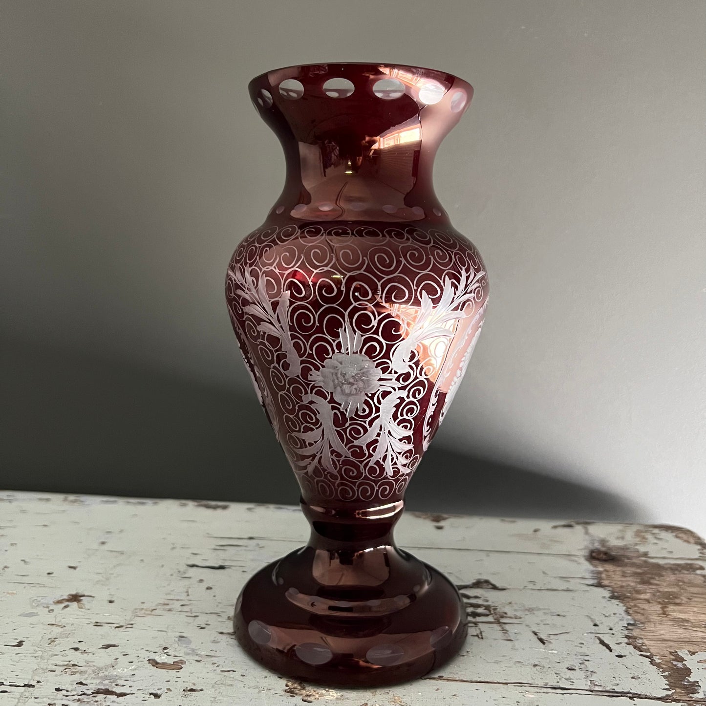 Vintage Bohemian Cut to Clear Ruby Glass Vase