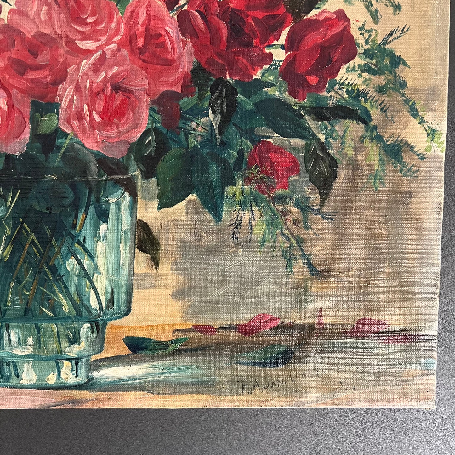 Vintage Oil Painting Still Life Roses in Green Vase c1950s