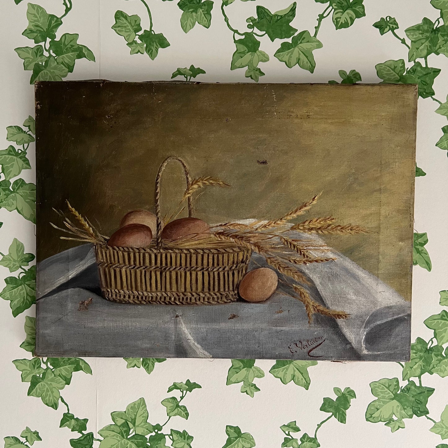 Antique Oil Painting Still Life Eggs and Wheat in Basket French c1800s