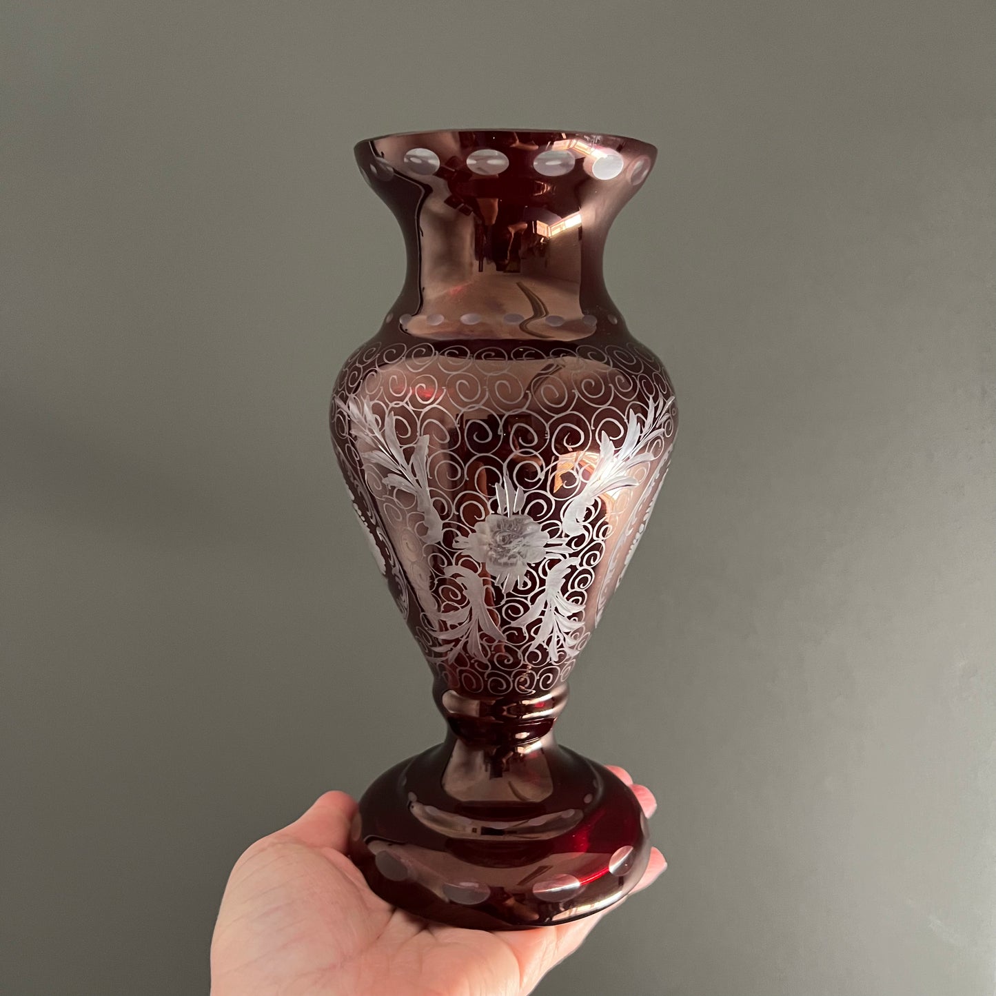 Vintage Bohemian Cut to Clear Ruby Glass Vase