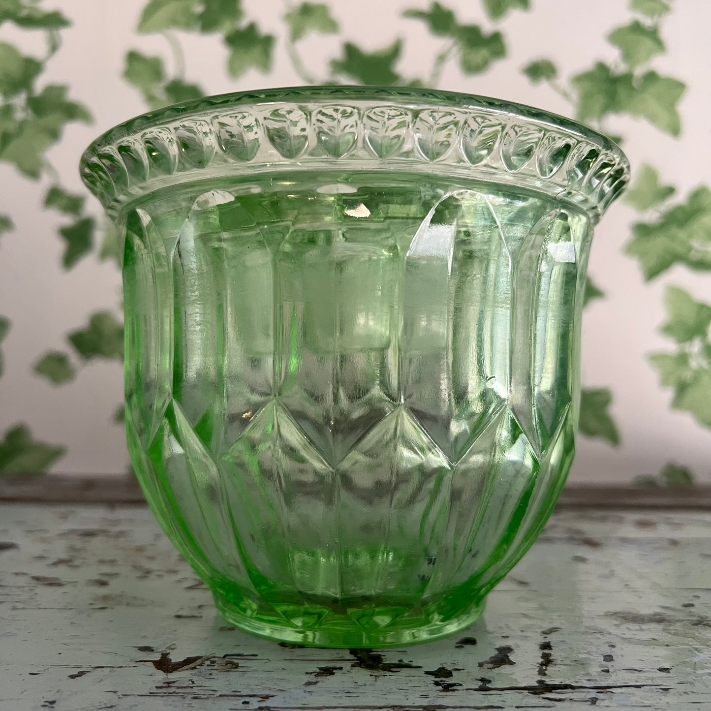 Vintage Green Depression Glass Bowl Vase & Flower Frog