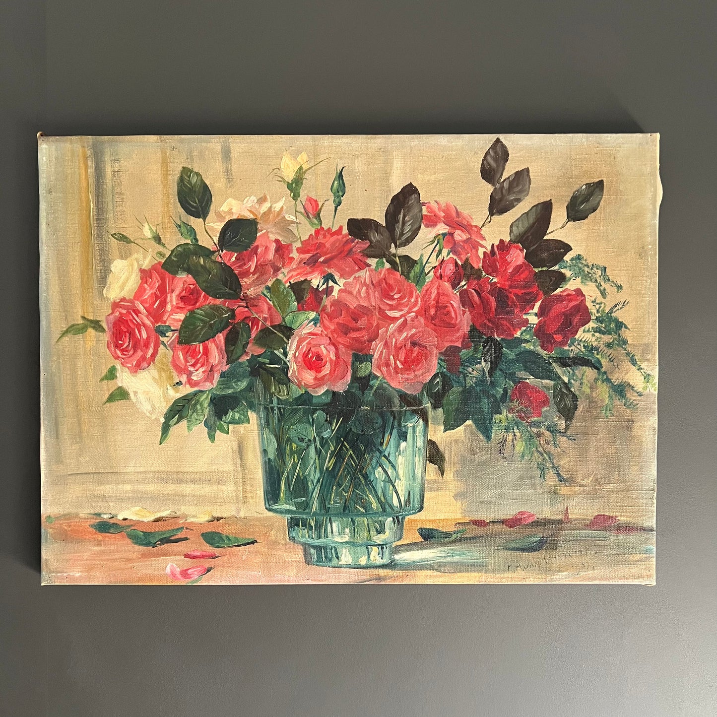 Vintage Oil Painting Still Life Roses in Green Vase c1950s