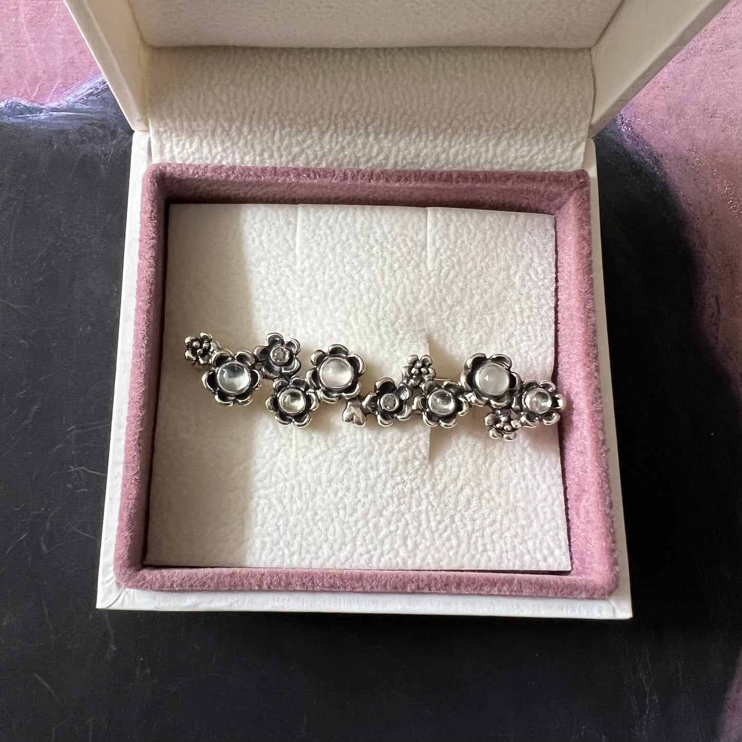 RARE Genuine Pandora Moonstone and Zirconia Flower Brooch in Box