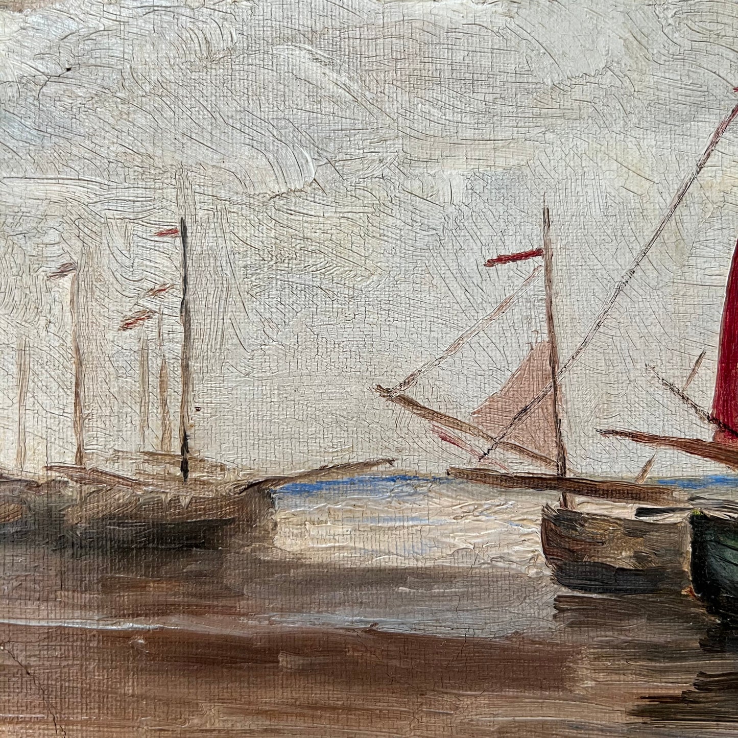 Antique Oil Painting Sailing Boats on the Seashore c1920