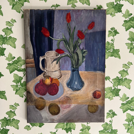 Rustic Vintage Oil Painting Still Life Red Tulips in Blue Vase