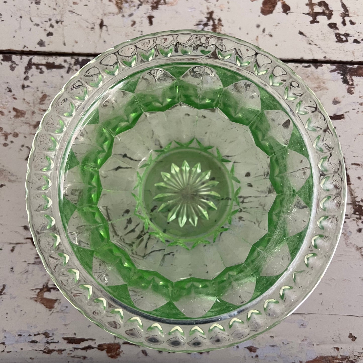 Vintage Green Depression Glass Bowl Vase & Flower Frog