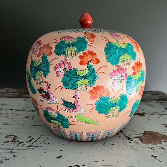 Large Chinese Porcelain Ginger Jar Lilypads & Birds