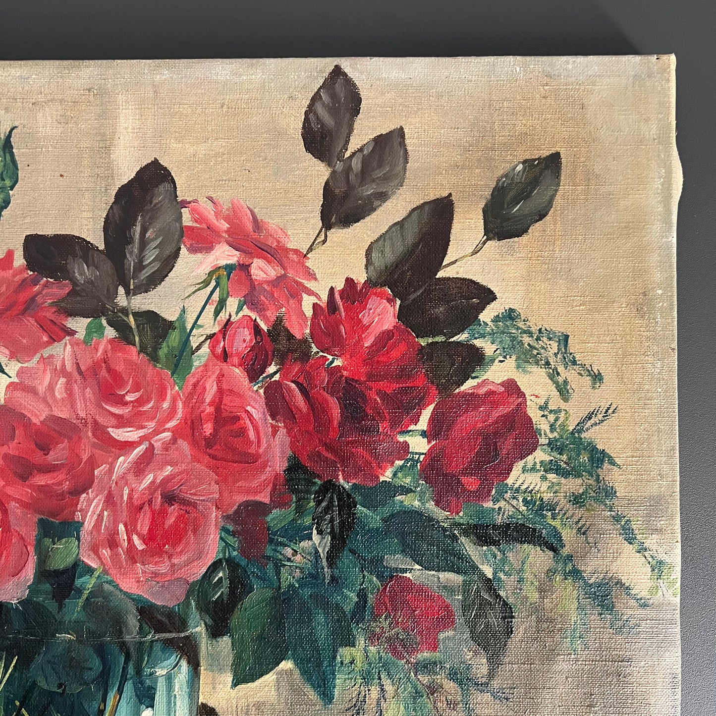 Vintage Oil Painting Still Life Roses in Green Vase c1950s