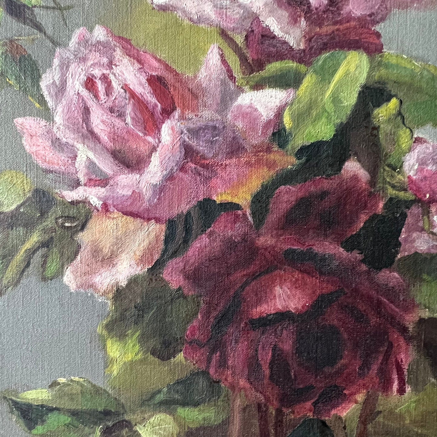 Antique Oil Painting Roses and Rosebuds