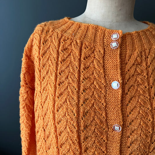 Vintage Beautiful Fine Handknit Pumpkin Orange Cardigan