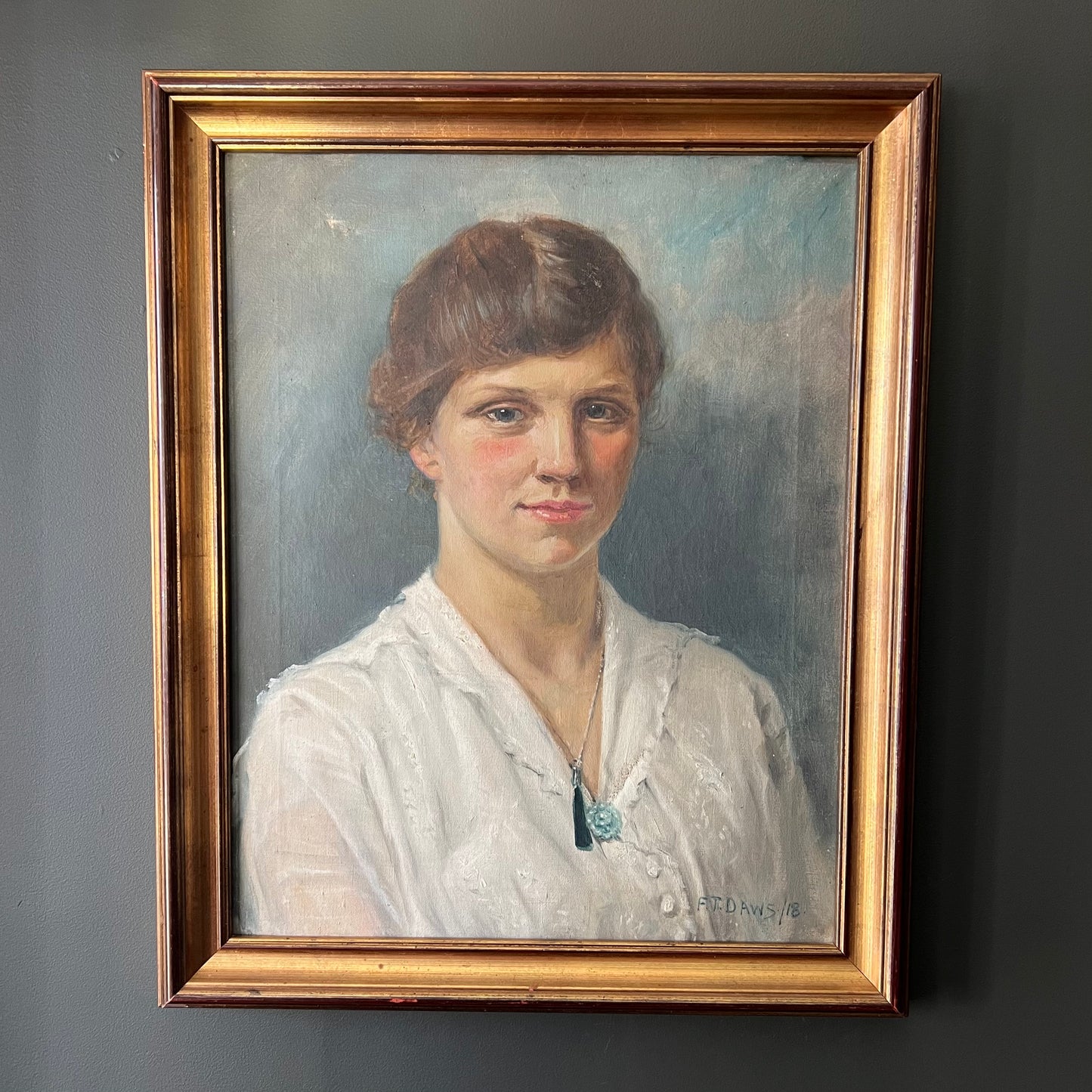 Antique Oil Painting Portrait English Girl with Necklace 1918 FT Daws